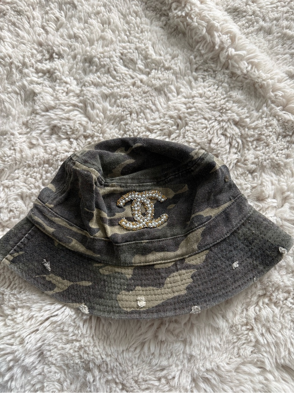 Camo Bucket Hat with Rhinestone Logo